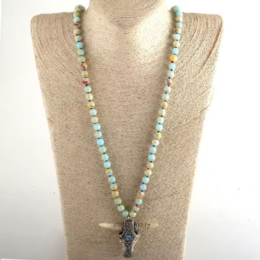 Long Beaded Boho Necklace Turquoise Stone Longhorn Steer Skull Pendant Western